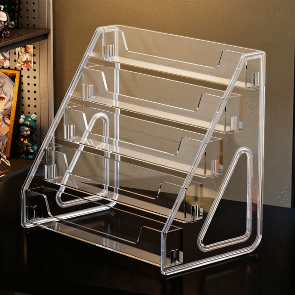 Clear Acrylic Tiered Display Stand for Badges, Photocards & Mini Figures – Desktop Organizer for Collectibles - Image 2
