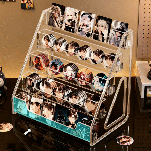 Clear Acrylic Tiered Display Stand for Badges, Photocards & Mini Figures – Desktop Organizer for Collectibles - Image 3
